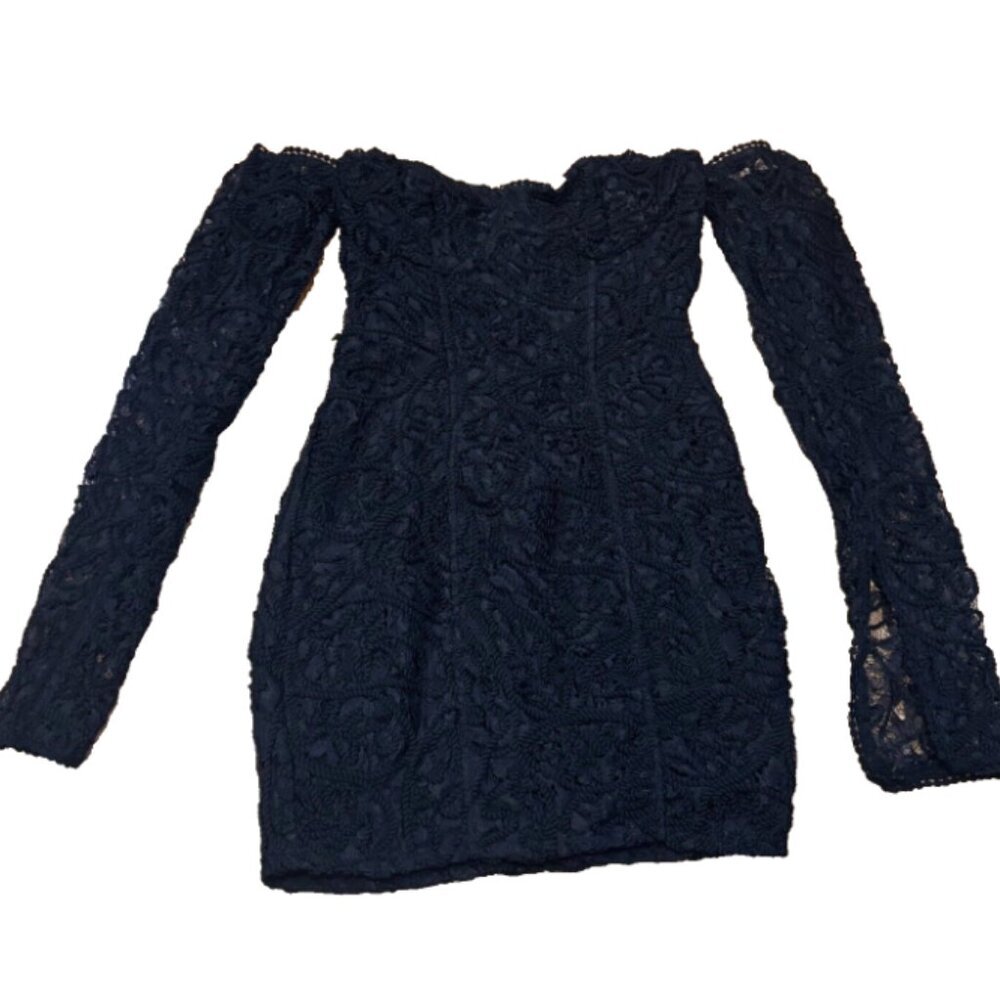 PRETTYLITTLETHING Black Lace Bardot Long Split Sleeve Bodycon Dress Womens Sz 0 - Picture 2 of 6